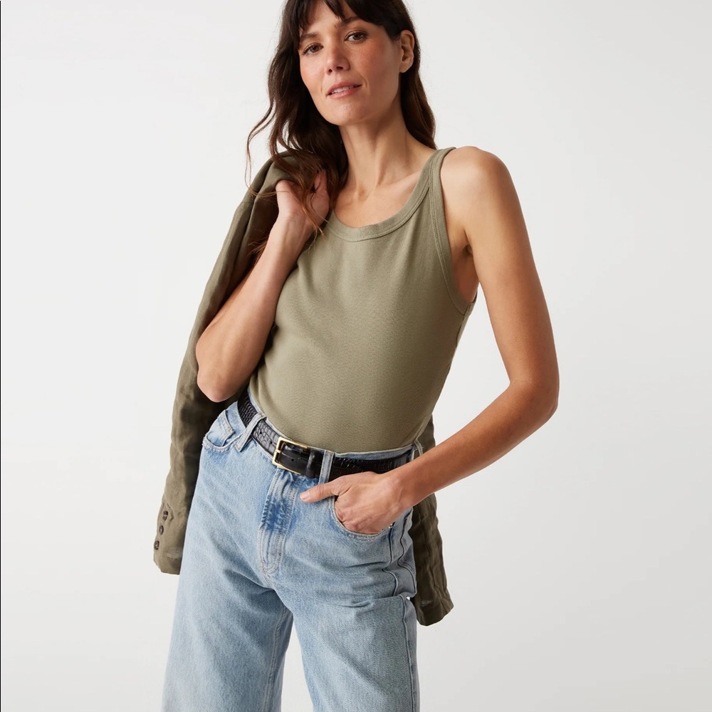NWT Michael Stars Cassie Olive Green Thin Binded 100% Cotton Tank- OS